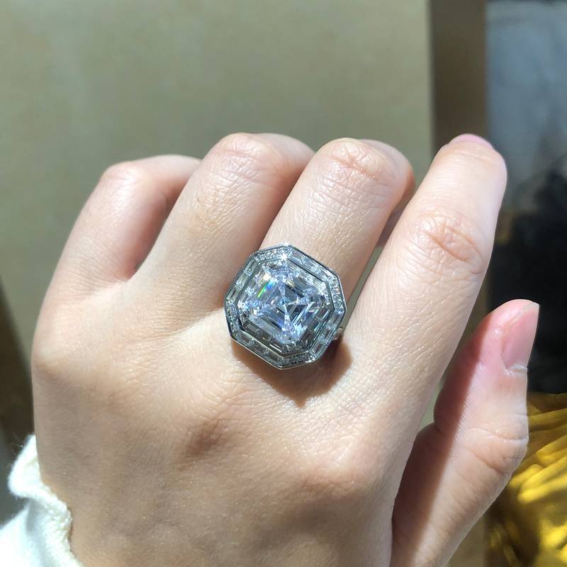 豪华阿斯切Women's RingS925银镀白金定制选款主石Moissanite5.0ct/副石高碳钻